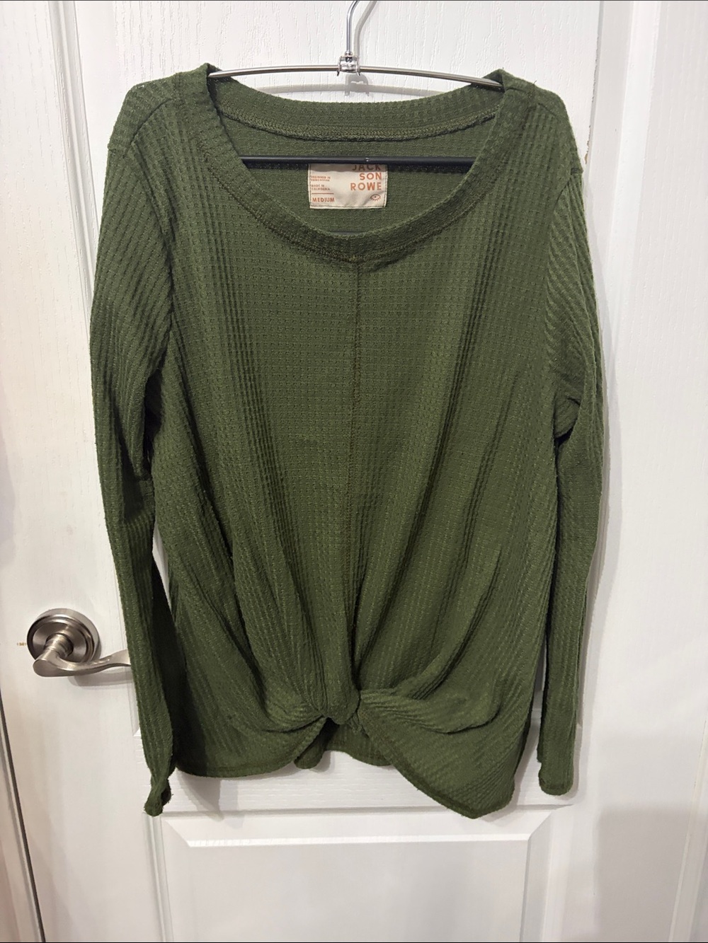 Jackson Rowe Olive Waffle Knit Twist-Hem Long Sleeve Top
